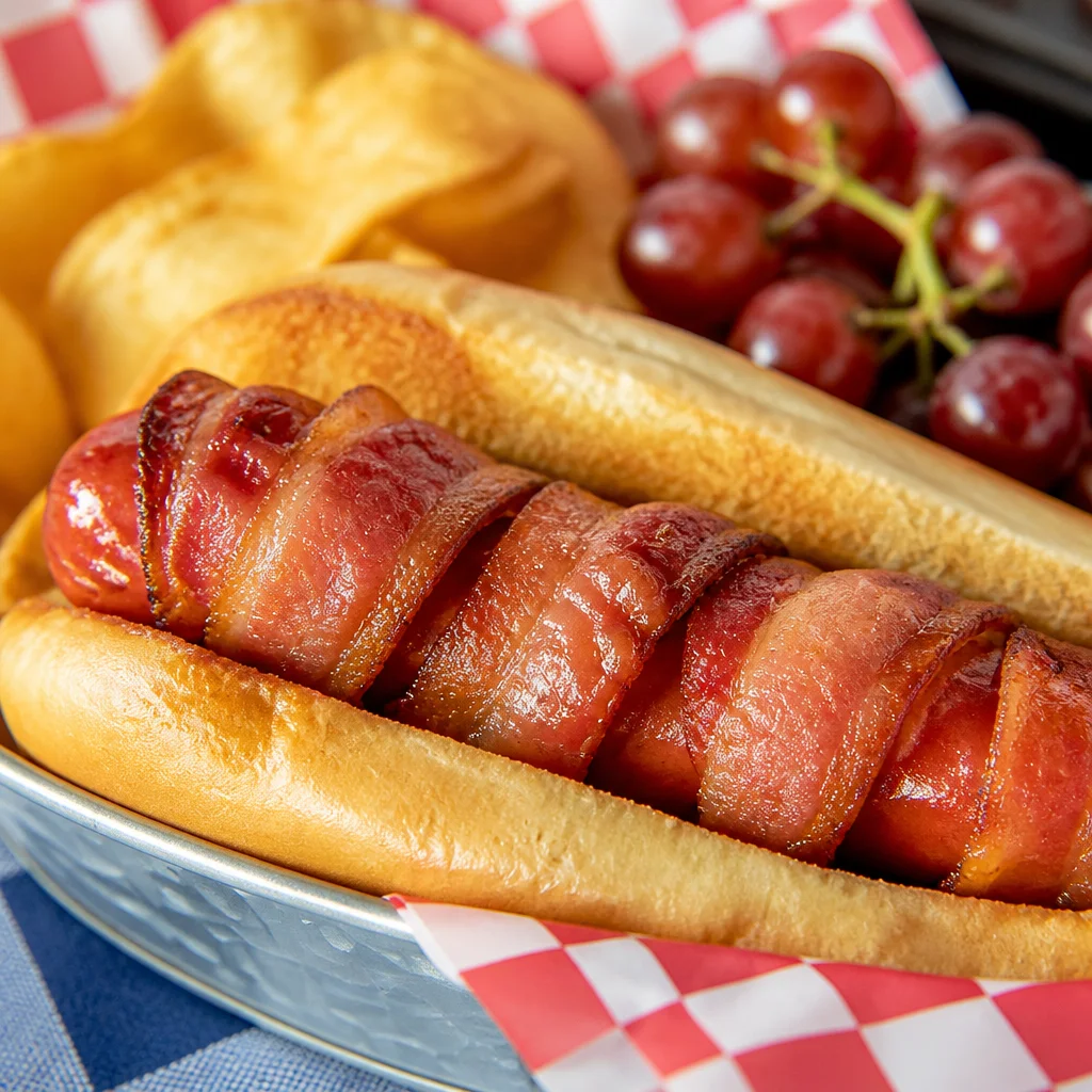 Crescent Roll Hot Dogs Wrapped in Bacon plated for serving.