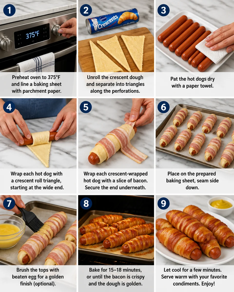 Crescent Roll Hot Dogs Wrapped in Bacon