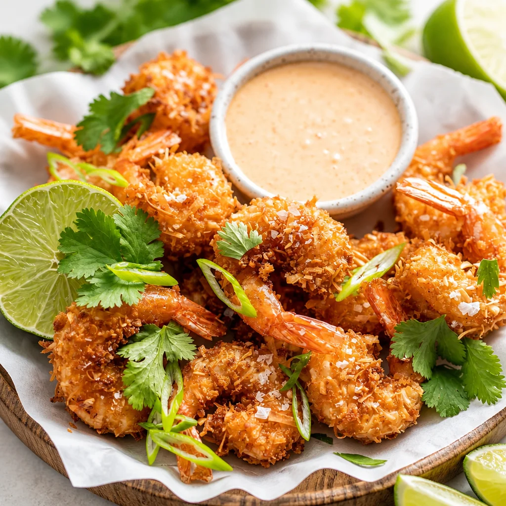 Plate of crispy coconut shrimp served with a bowl of sweet chili dipping sauce.
