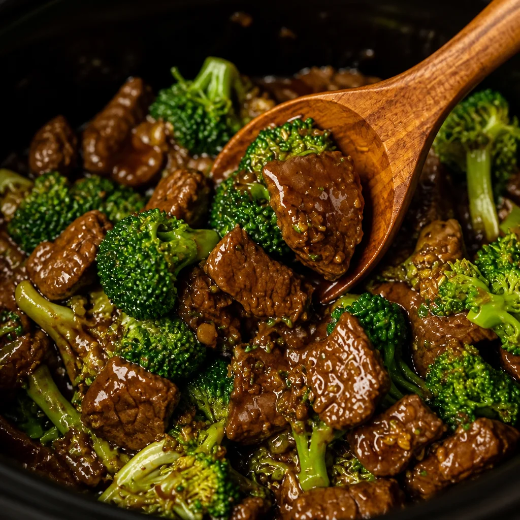 Delicious crockpot beef and broccoli served over rice with a savory sauce.