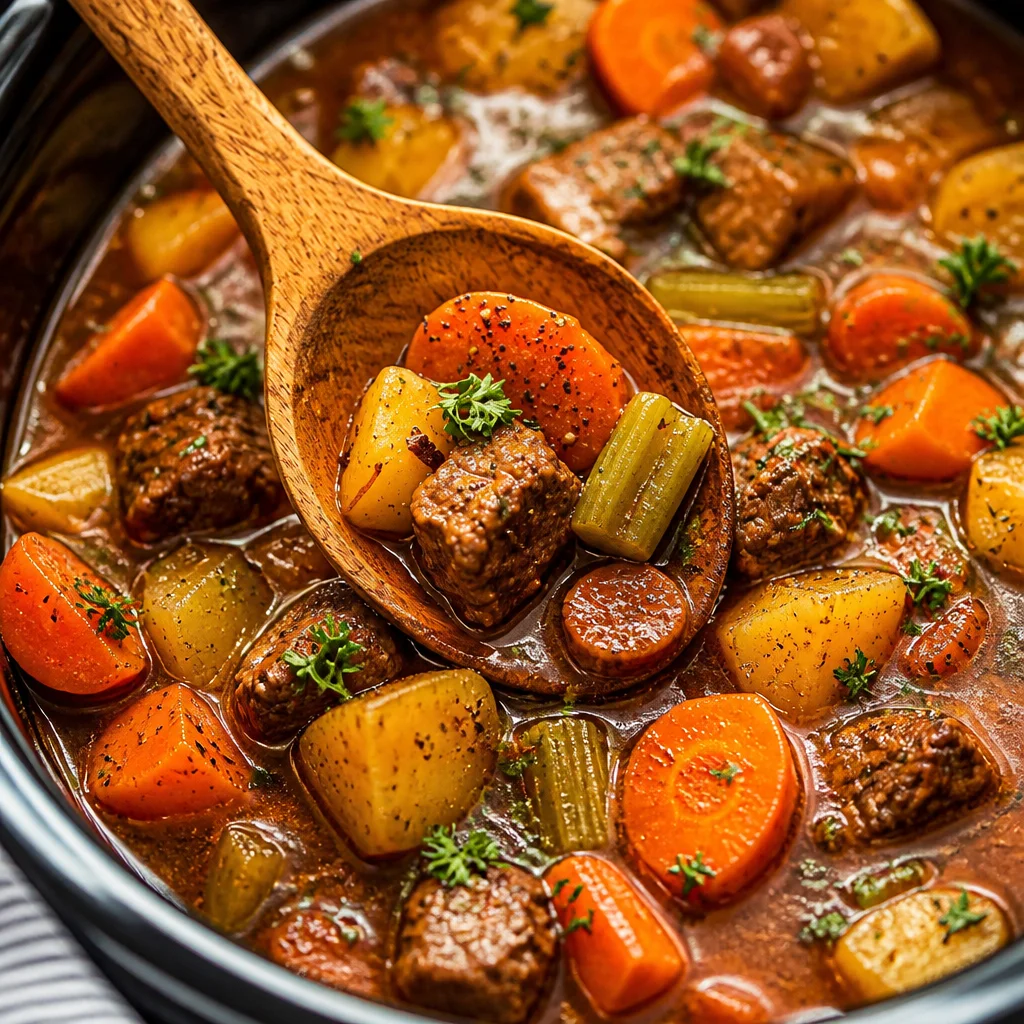 Delicious Crock Pot Beef Stew featuring tender beef, potatoes, and carrots in rich broth.
