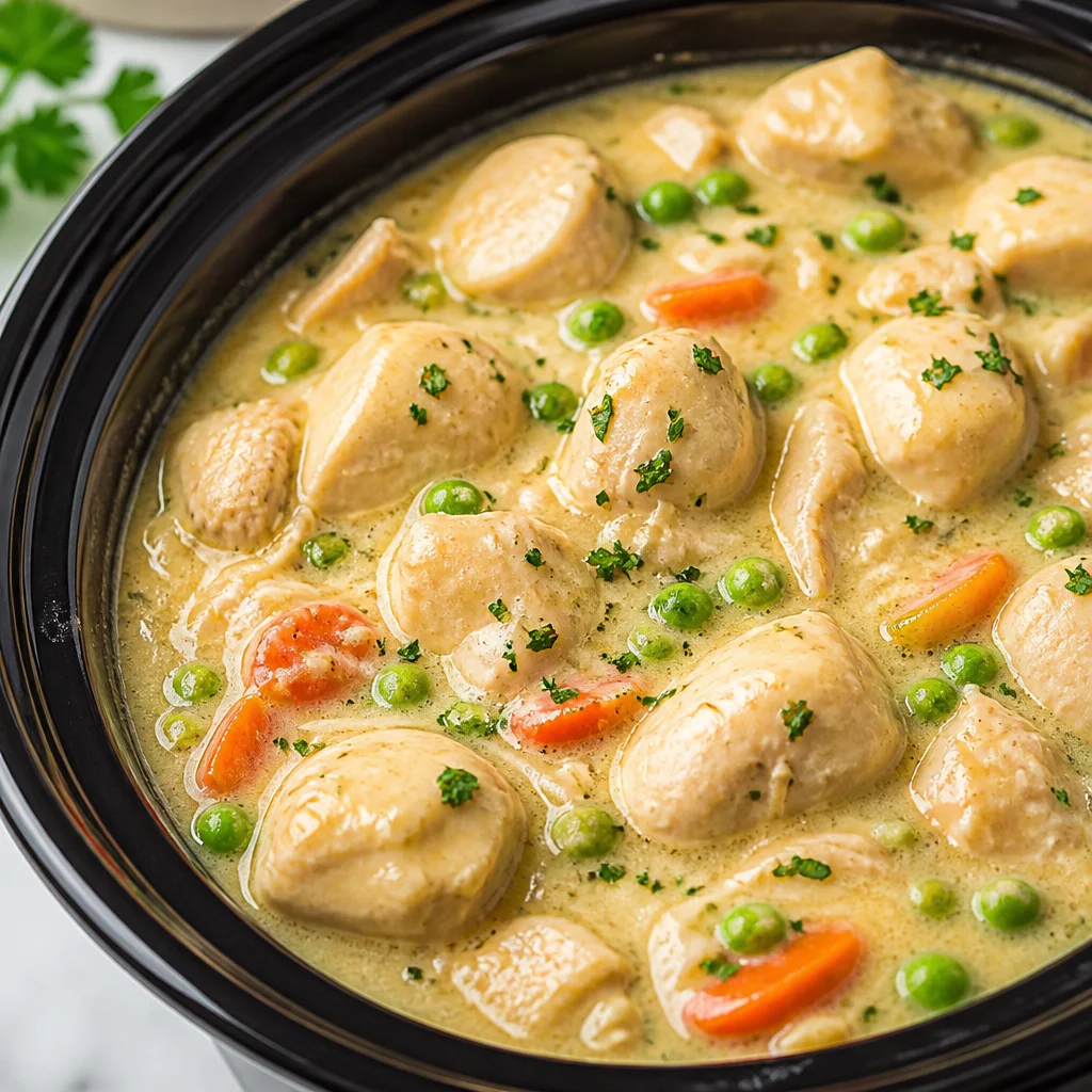 Creamy Crock Pot Chicken and Dumplings with tender chicken and biscuit dumplings.