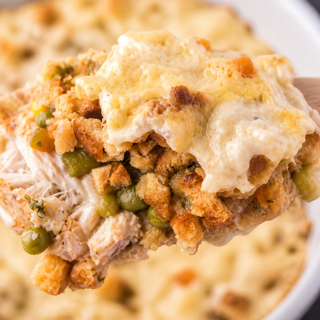 Crock Pot Chicken and Stuffing Casserole with tender chicken and savory stuffing mix