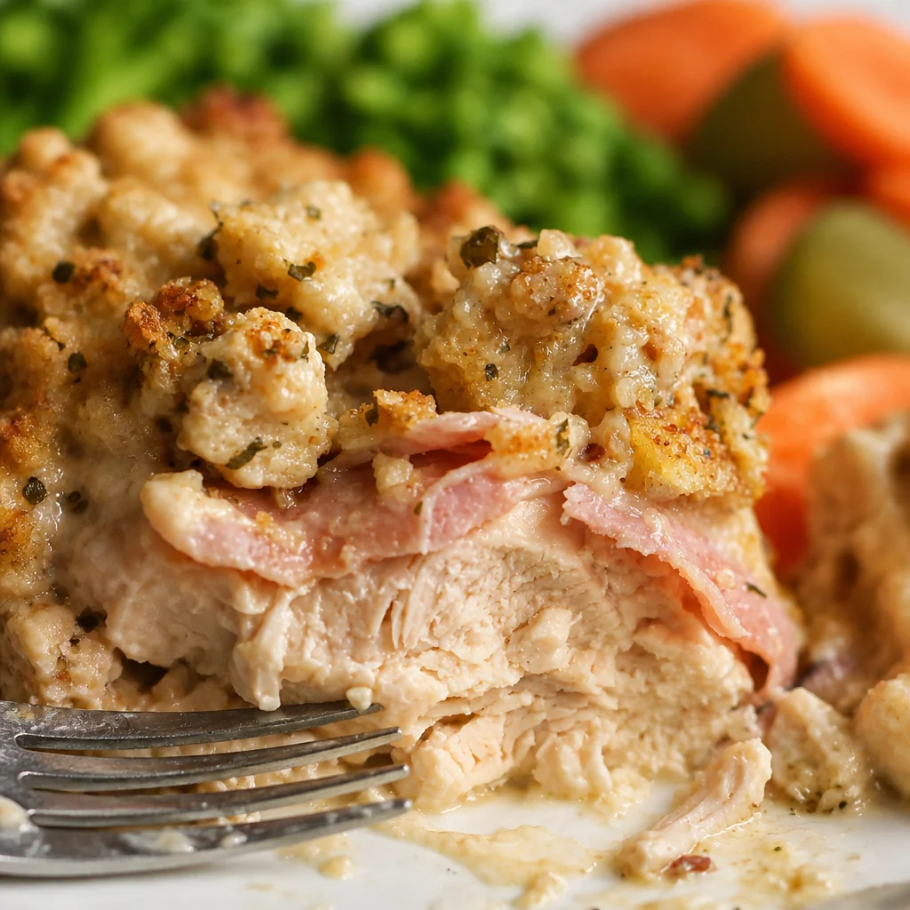 Creamy Crock Pot Chicken Cordon Bleu Casserole with chicken, ham, and Swiss cheese.