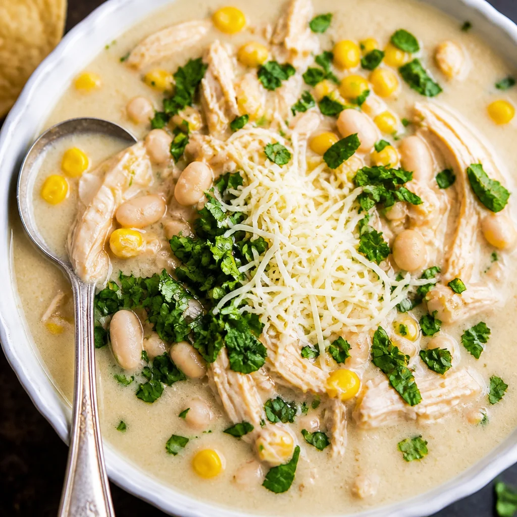 Crock Pot Creamy White Chicken Enchilada Soup in a bowl topped with cilantro and cheese.