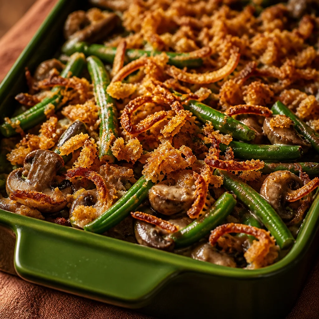 Delicious Crock Pot Green Bean Casserole topped with fried onions, perfect for holidays.
