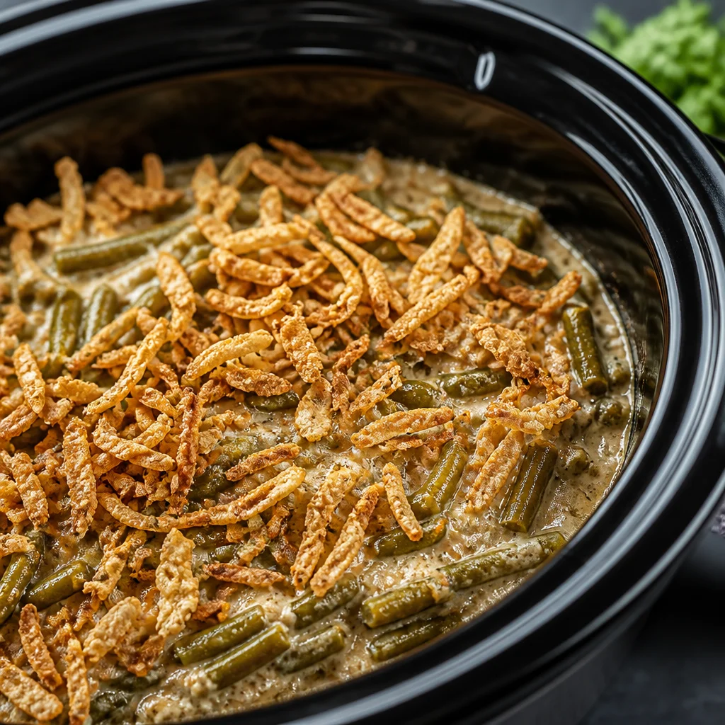 Delicious Crock Pot Green Bean Casserole with Crispy Onions ready to serve.