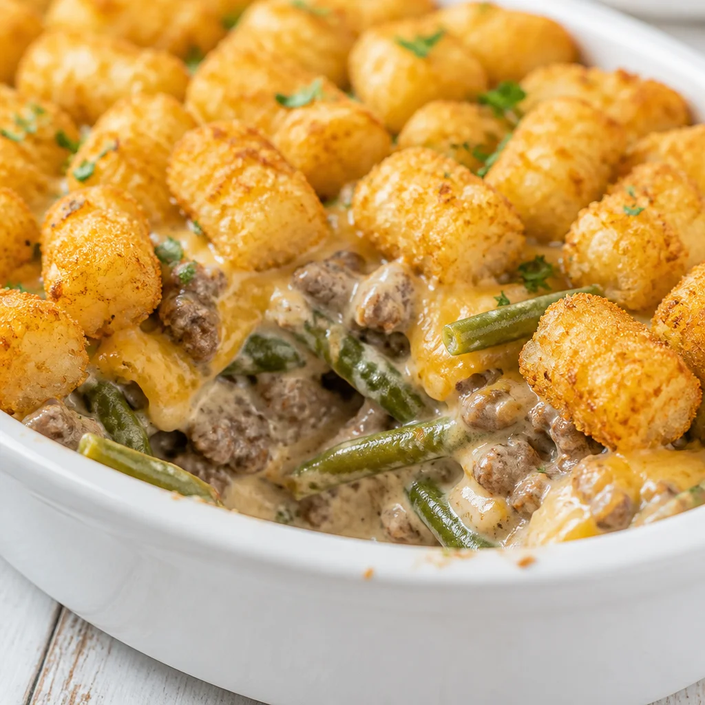Crock Pot Tater Tot Casserole with Ground Beef topped with cheese and tater tots.