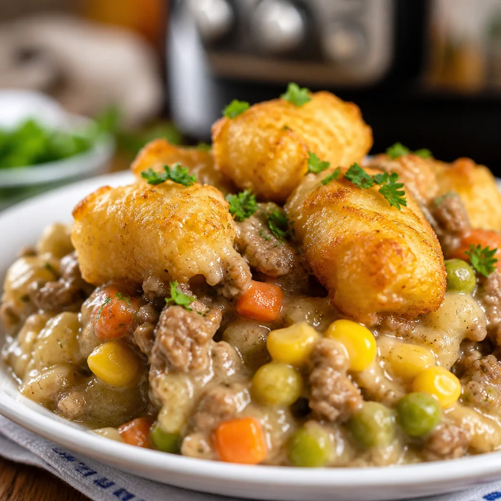 Delicious Crock Pot Tater Tot Casserole with Ground Beef topped with melted cheese