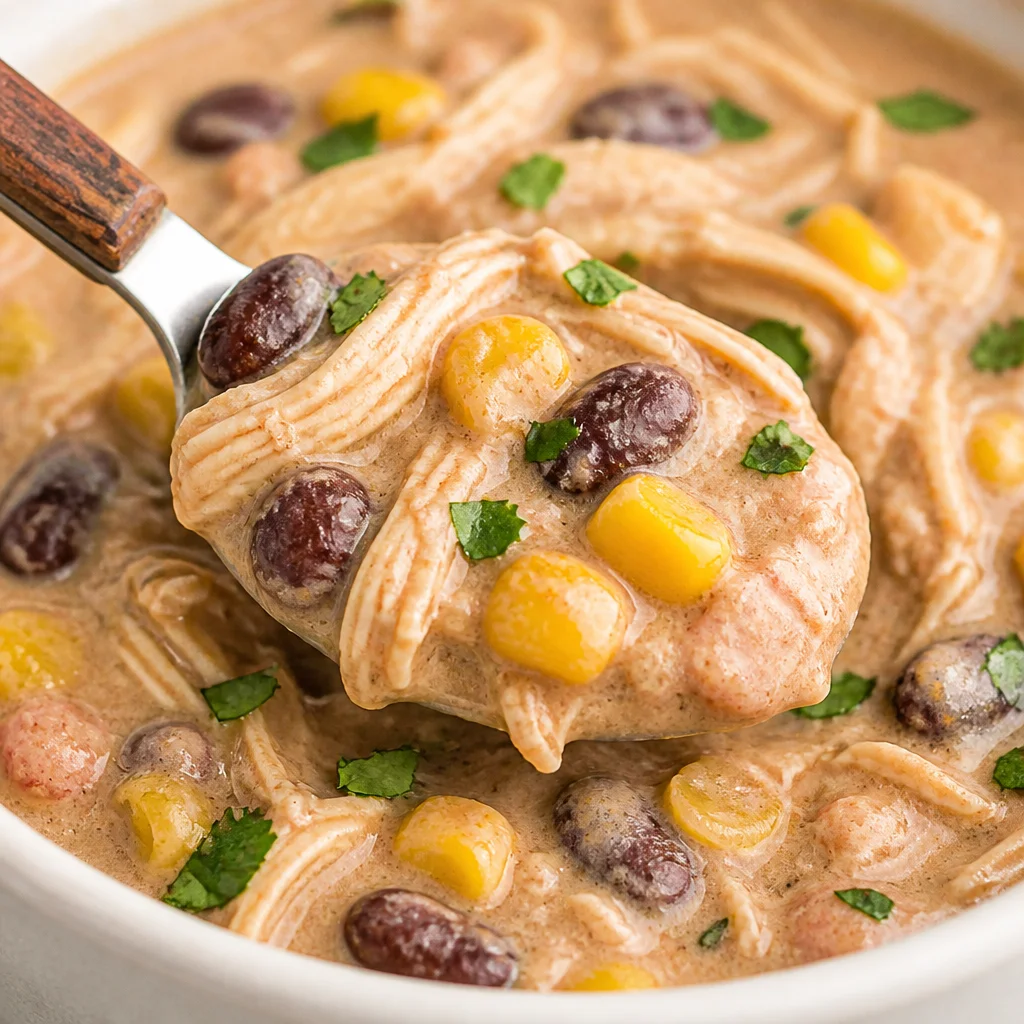 Delicious Crock Pot White Chicken Chili with Cream Cheese, white beans, and savory spices.