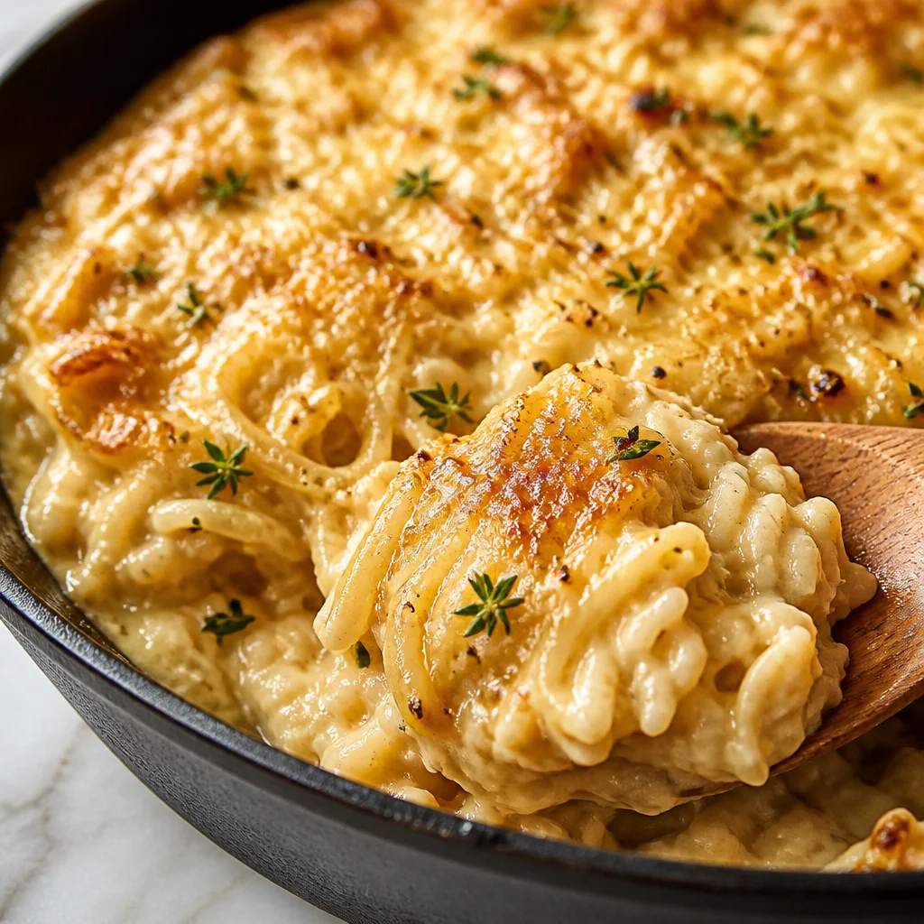 Delectable French Onion Chicken and Rice Bake with caramelized onions and cheese
