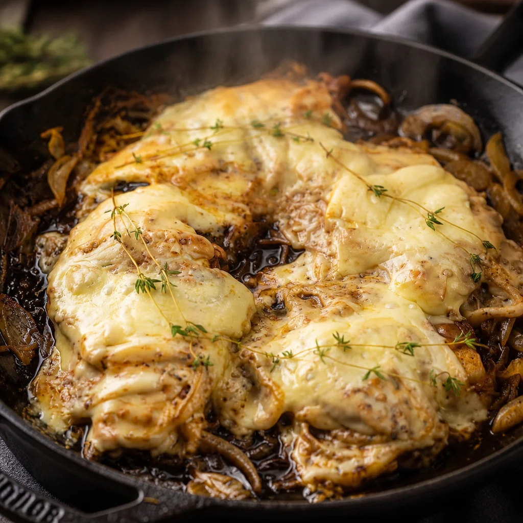 Delicious one-pan French Onion Chicken Bake with melted cheese and caramelized onions.