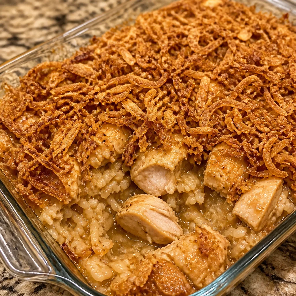 A delicious French Onion Chicken Rice Casserole topped with crispy fried onions.