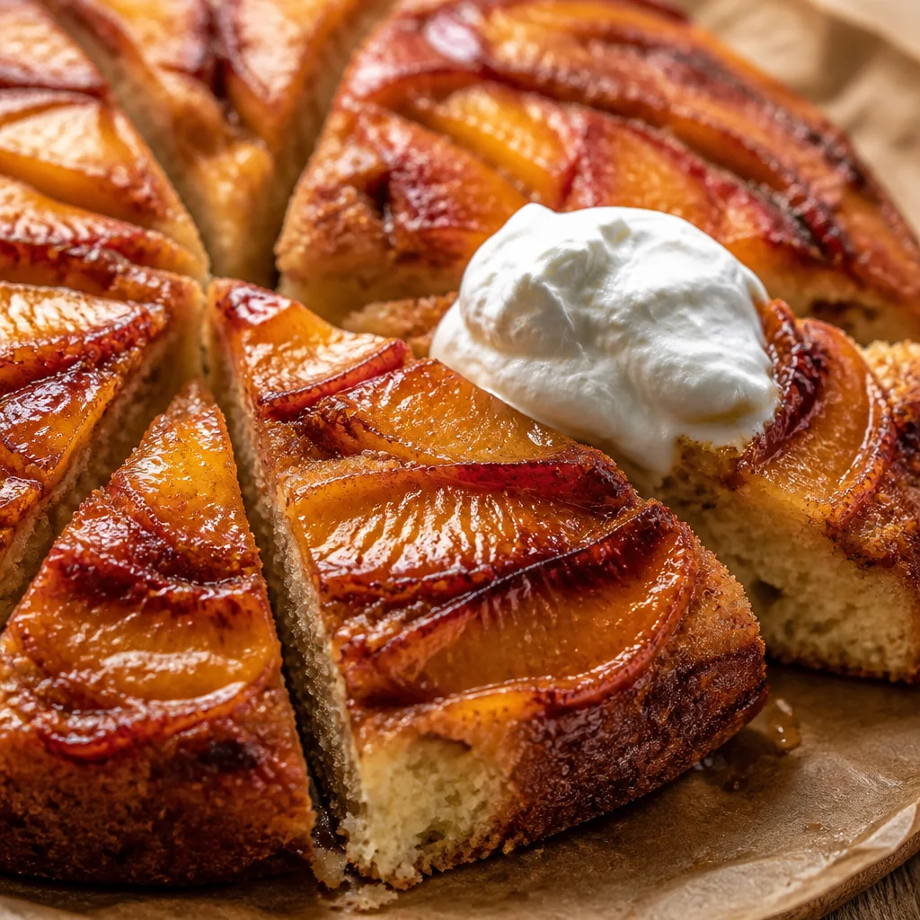 Fresh Peach Upside Down Cake with Brown Sugar topped with juicy peaches and caramel.