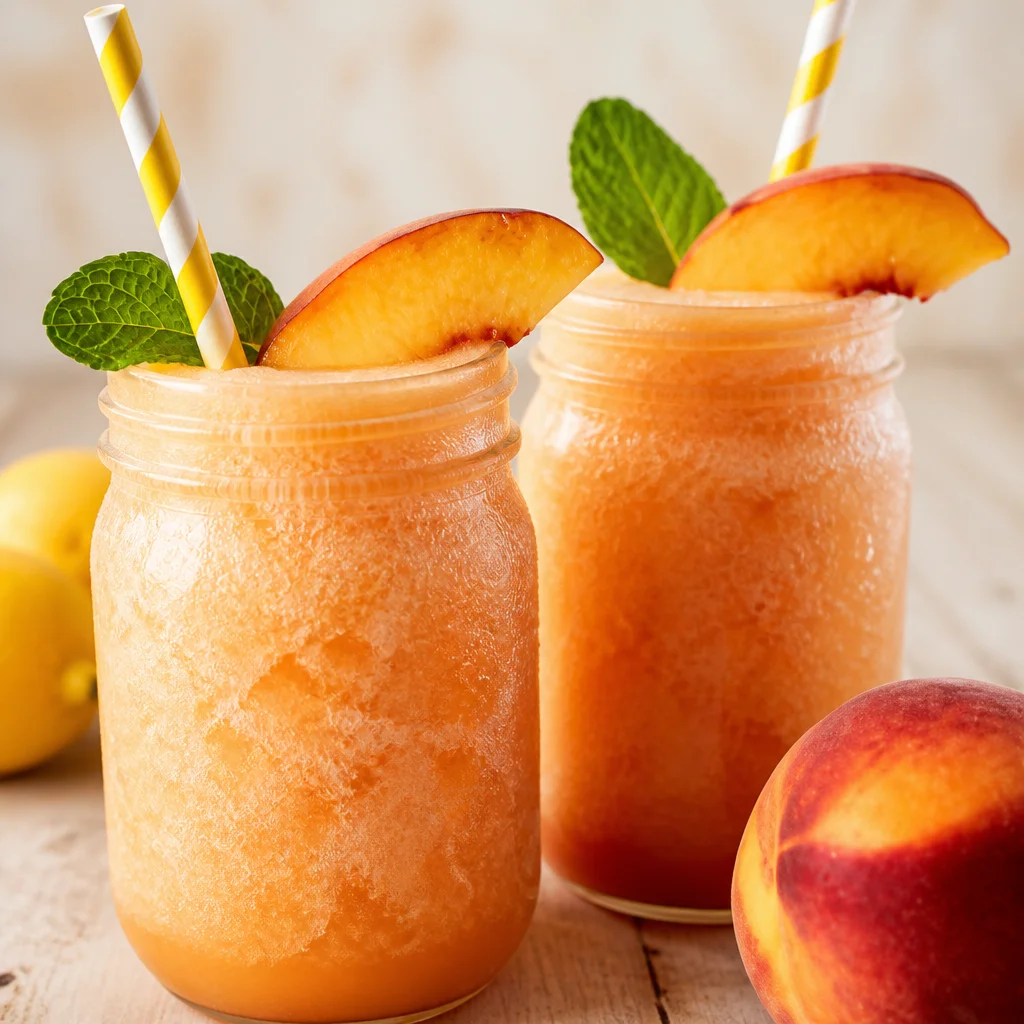 Delicious Frozen Peach Mango Lemonade Slush in a glass, perfect summer drink