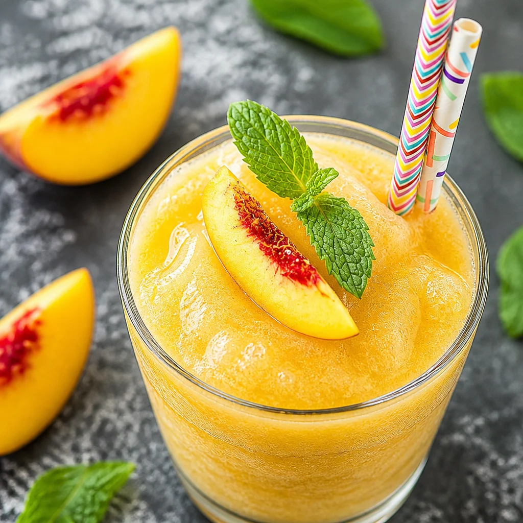 Refreshing Frozen Peach Mango Lemonade Slush served in a glass with fruit garnish