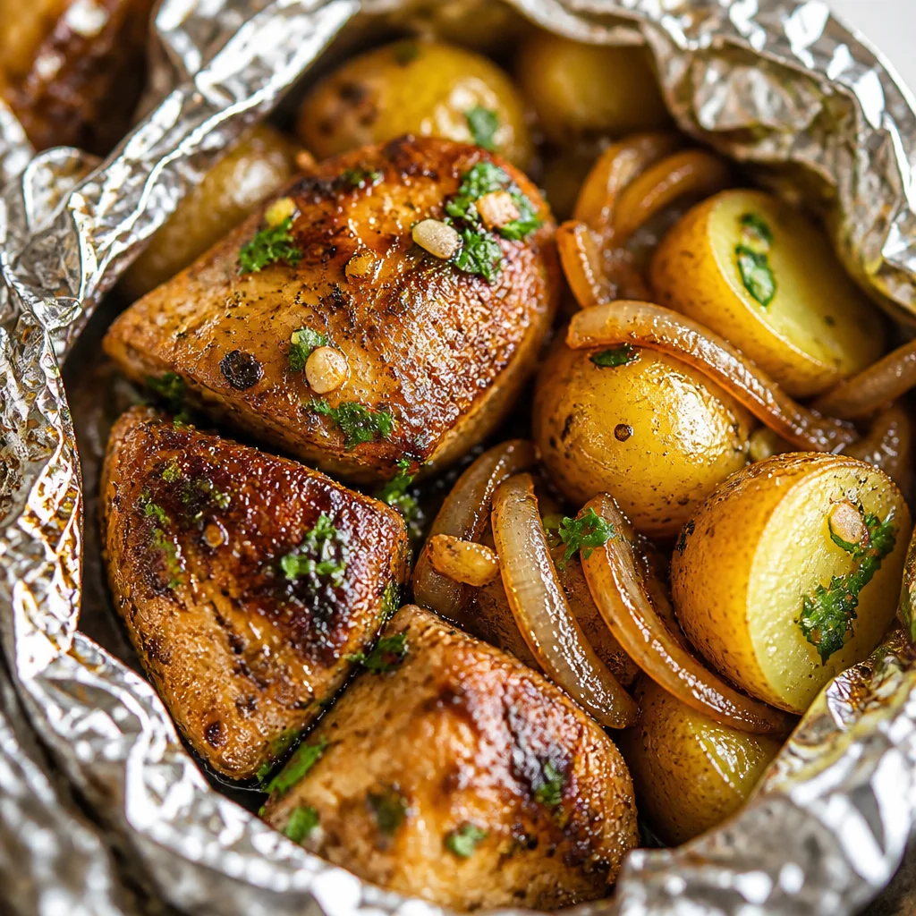 Garlic Butter Chicken and Vegetable Foil Packets ready for grilling or baking