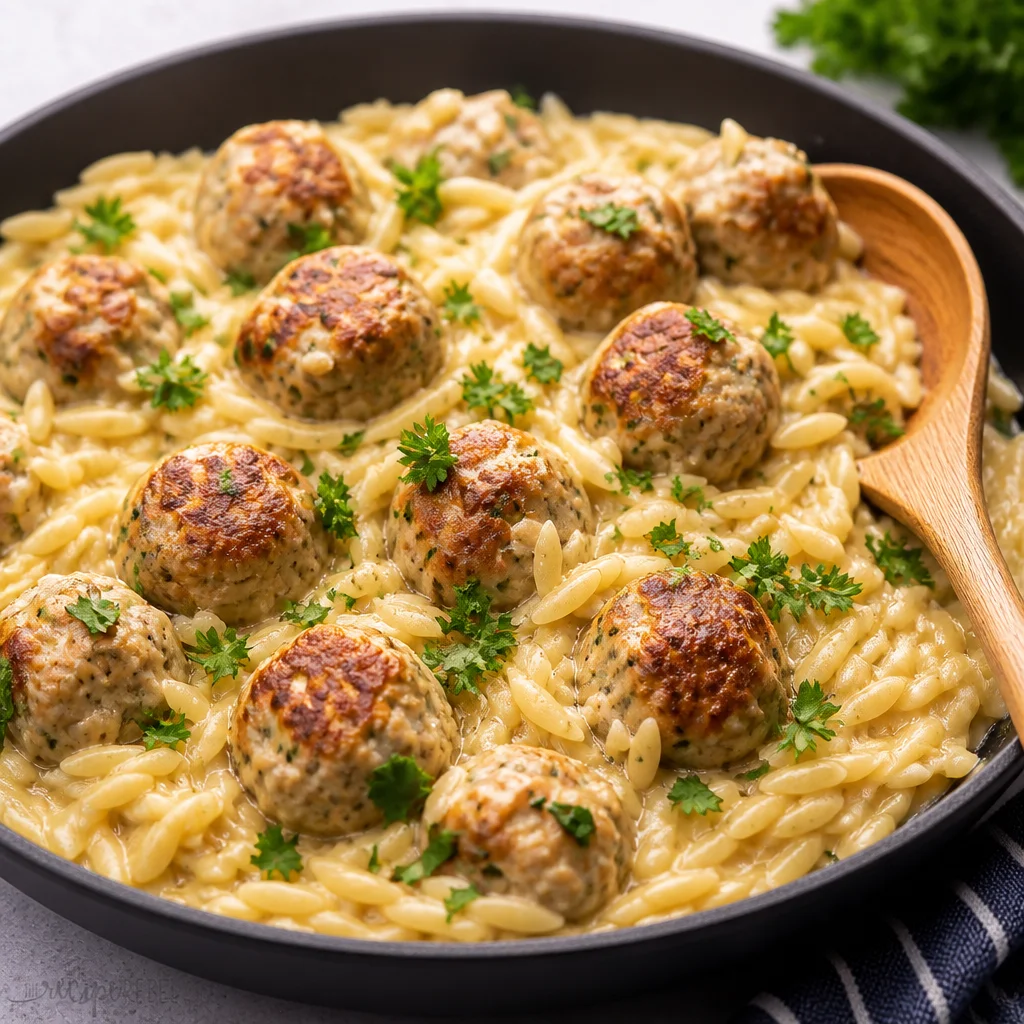 Garlic Butter Chicken Meatballs with Orzo served in creamy garlic parmesan sauce