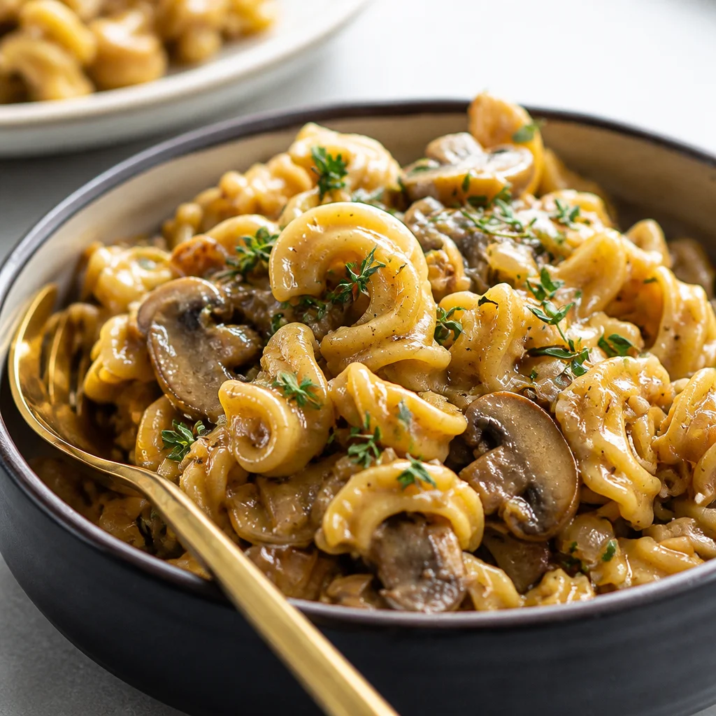 Delicious Garlic Butter Mushroom and Goat Cheese Pasta plated elegantly.