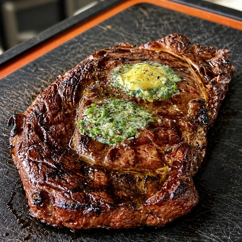 Garlic Butter Ribeye Steak topped with Herb Compound Butter for enhanced flavor.