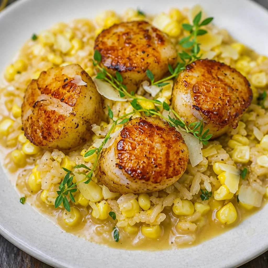 Garlic Butter Scallops served on creamy corn risotto with parmesan cheese.