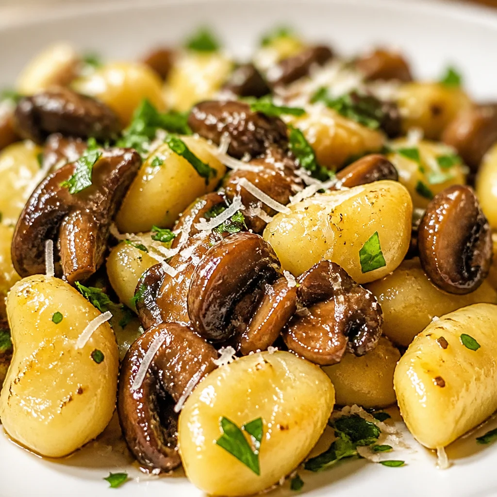 Plate of Garlic Butter Steak and Mushroom Creamy Gnocchi with sautéed mushrooms.