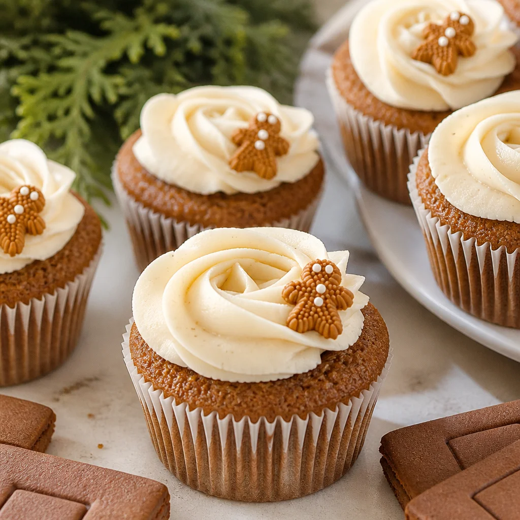 Gingerbread Heaven Cupcakes topped with creamy cheese frosting, a festive delight.