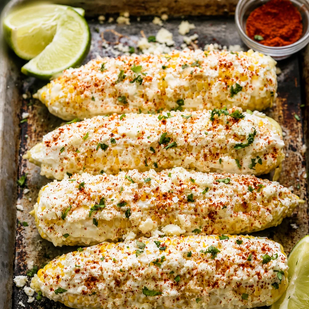 Grilled Corn on the Cob with Elote Butter, Cotija cheese, and lime zest garnish.