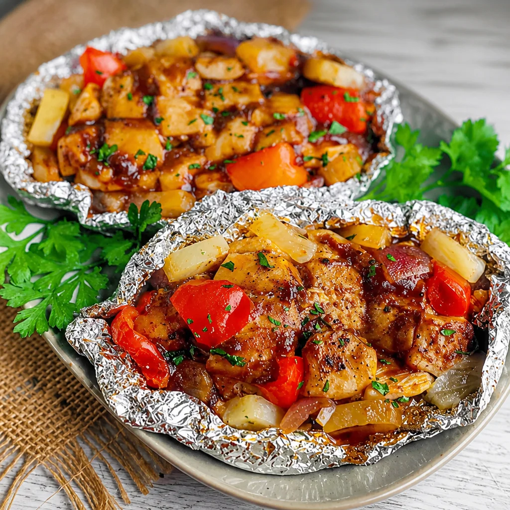 Hawaiian BBQ Chicken Foil Packets with Pineapple and vegetables on a grill.