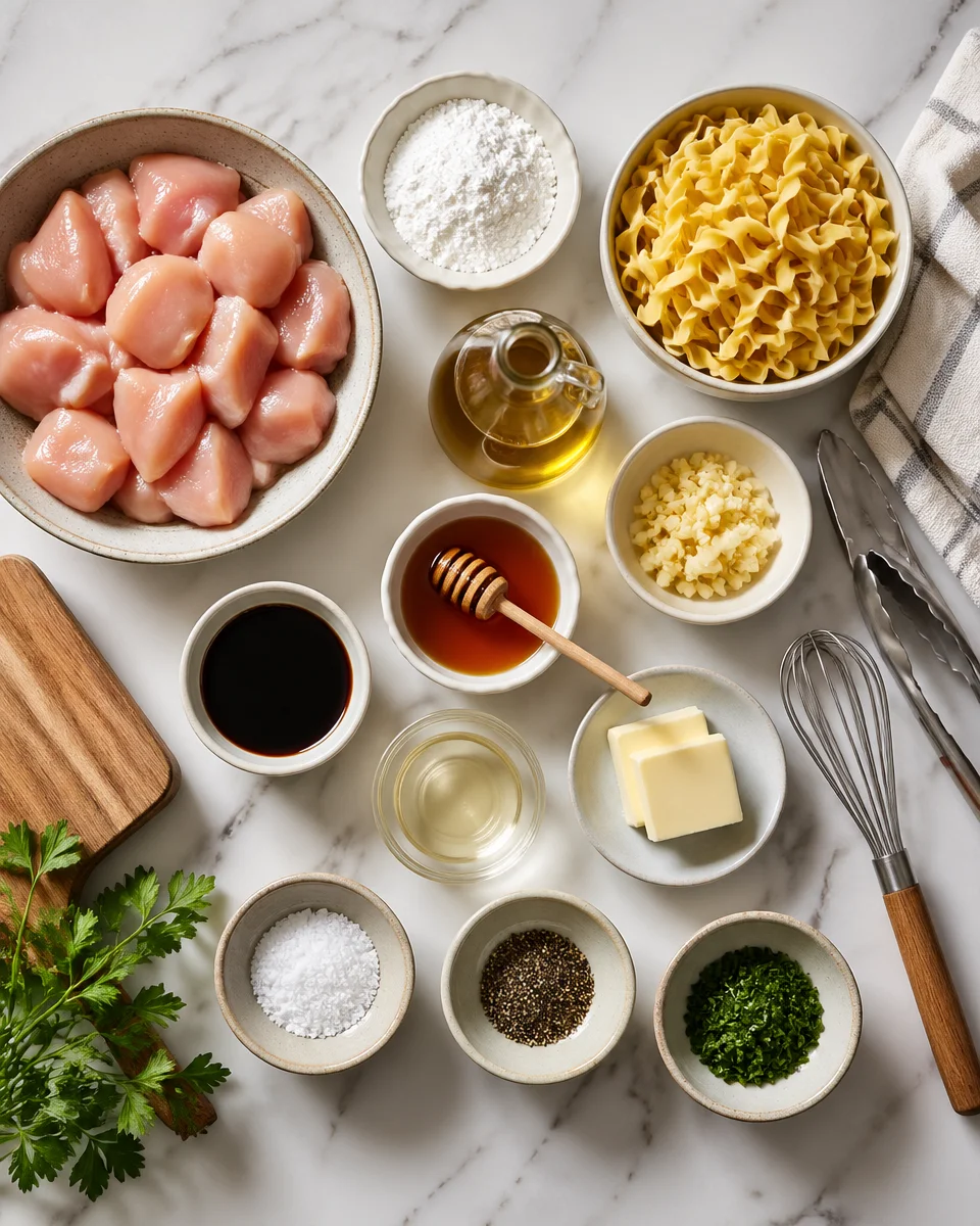 Honey Garlic Chicken Bites with Buttered Egg Noodles
