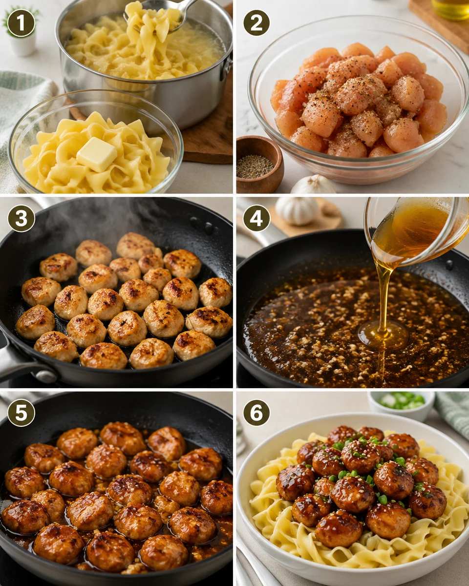 Honey Garlic Chicken Bites with Buttered Egg Noodles