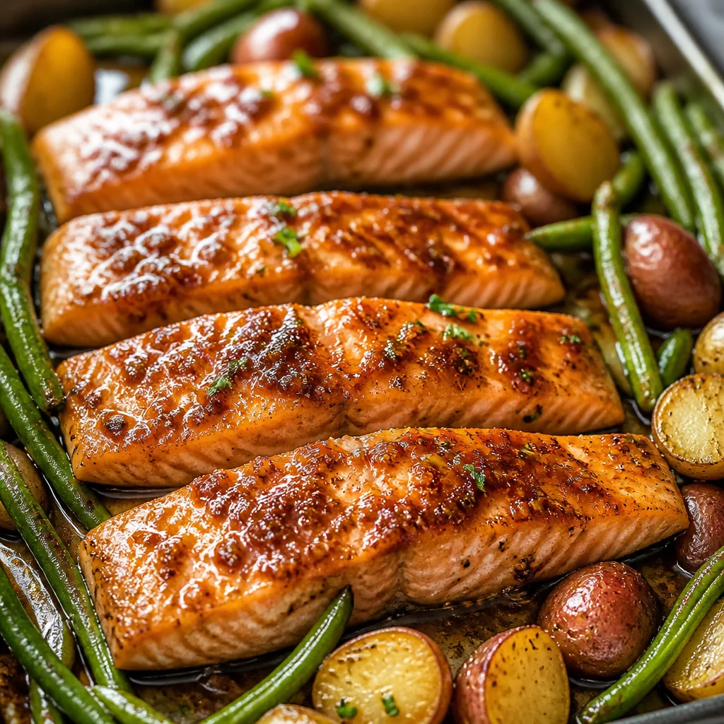 Honey Garlic Salmon Sheet Pan with Green Beans, roasted and glazed for a flavorful dinner.
