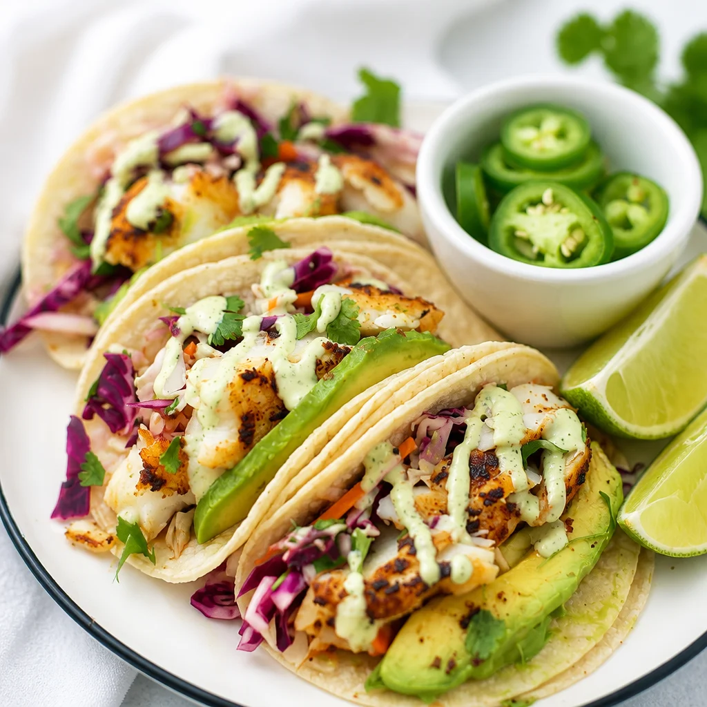 Delicious Honey Lime Fish Tacos topped with creamy Avocado Crema and fresh slaw.