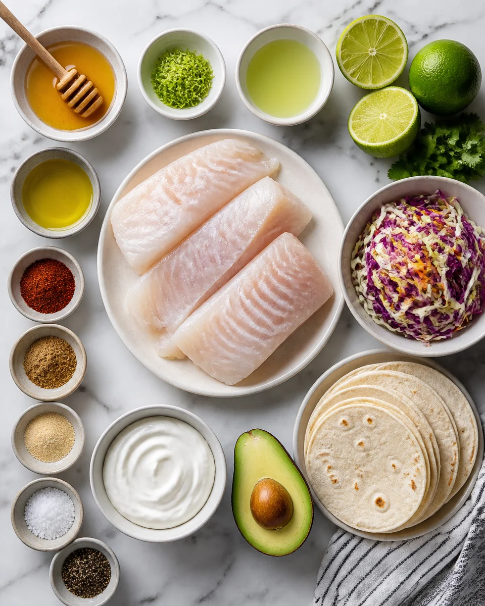 Honey Lime Fish Tacos with Avocado Crema