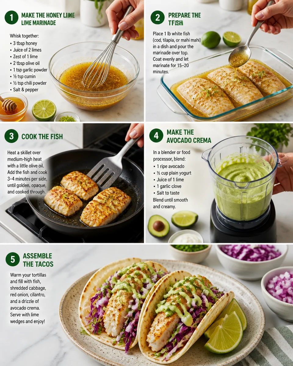 Honey Lime Fish Tacos with Avocado Crema