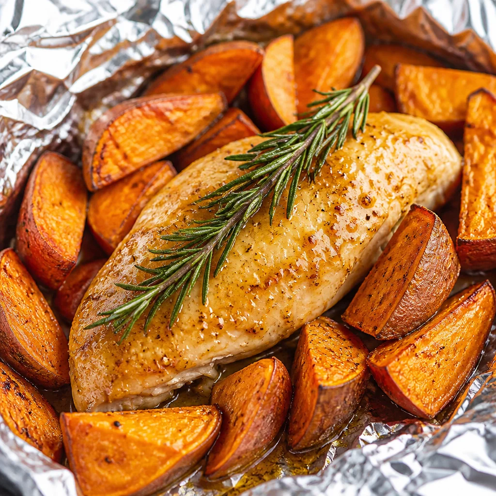 Honey Mustard Chicken and Sweet Potato Foil Packets ready for grilling.