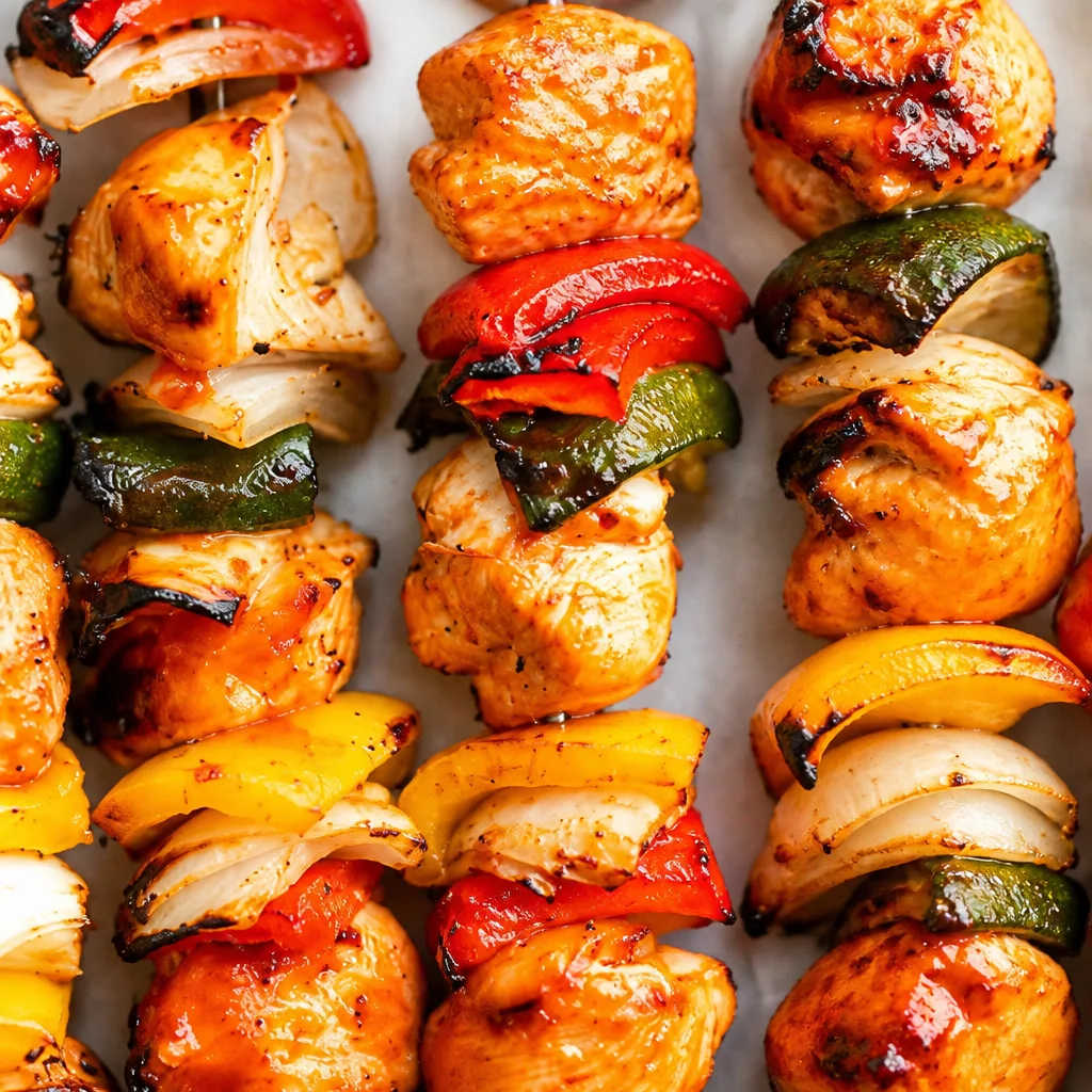 Delicious Honey Sriracha Grilled Chicken Skewers on a barbecue grill.