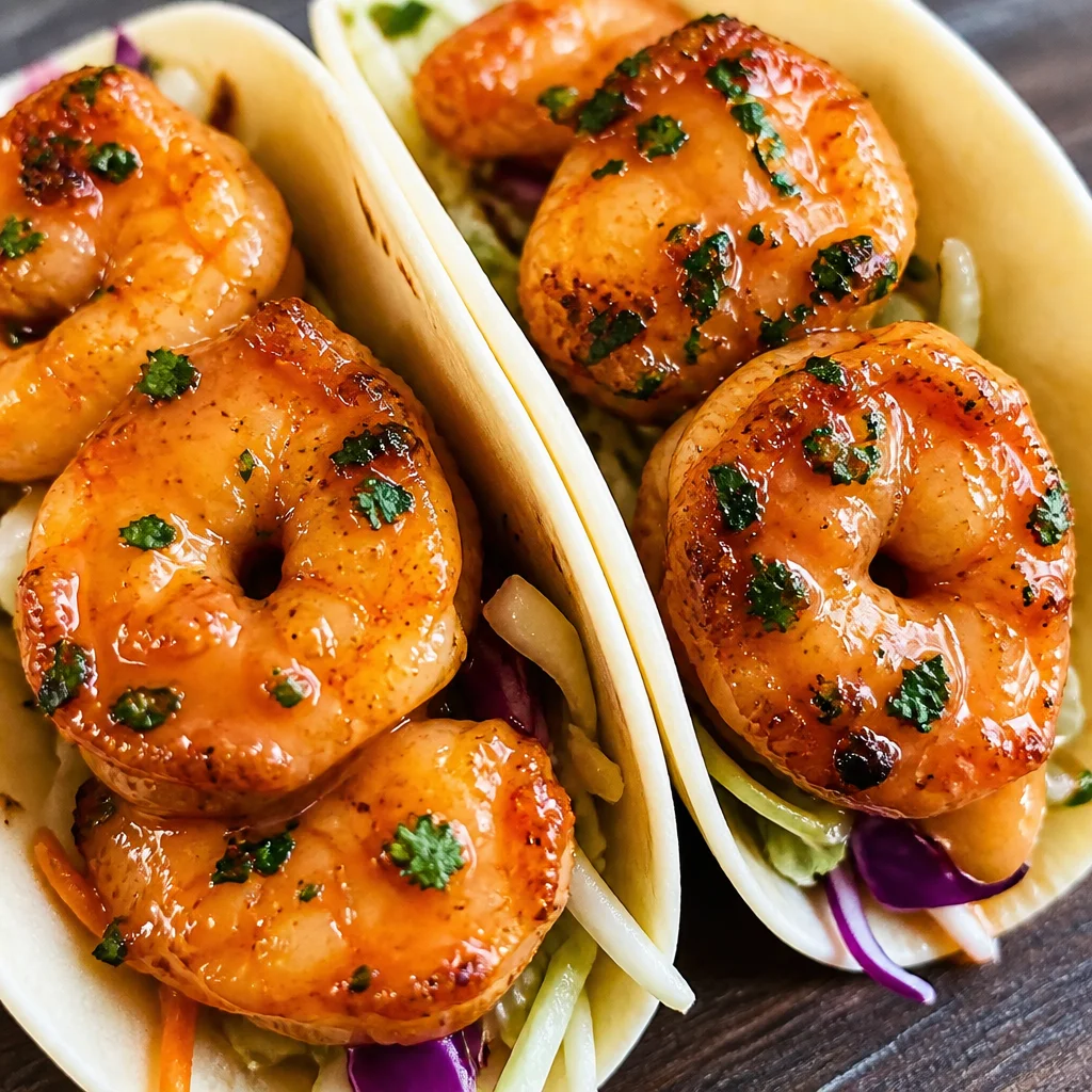 Honey Sriracha Shrimp Tacos topped with Mango Slaw and a drizzle of honey glaze.