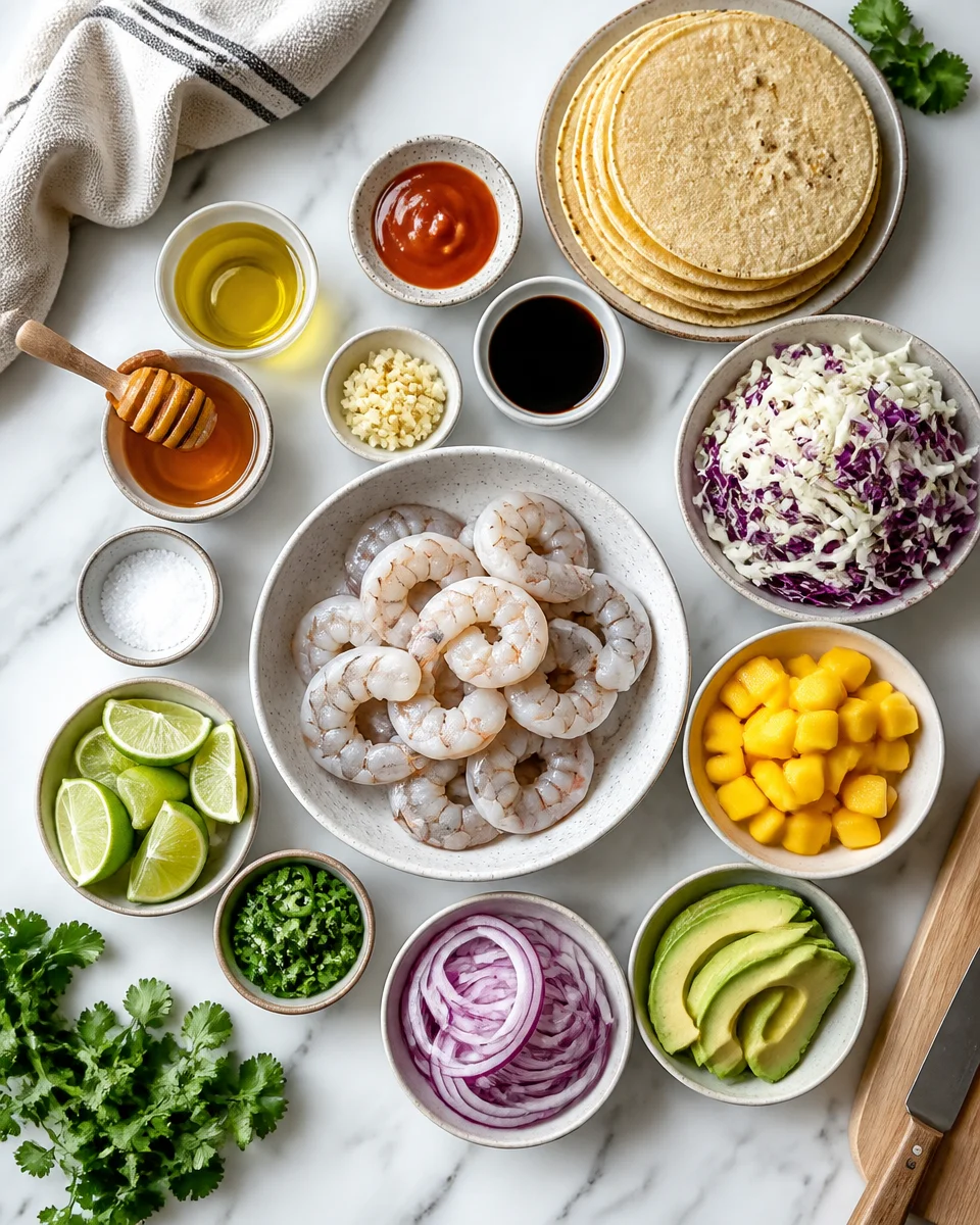 Honey Sriracha Shrimp Tacos with Mango Slaw