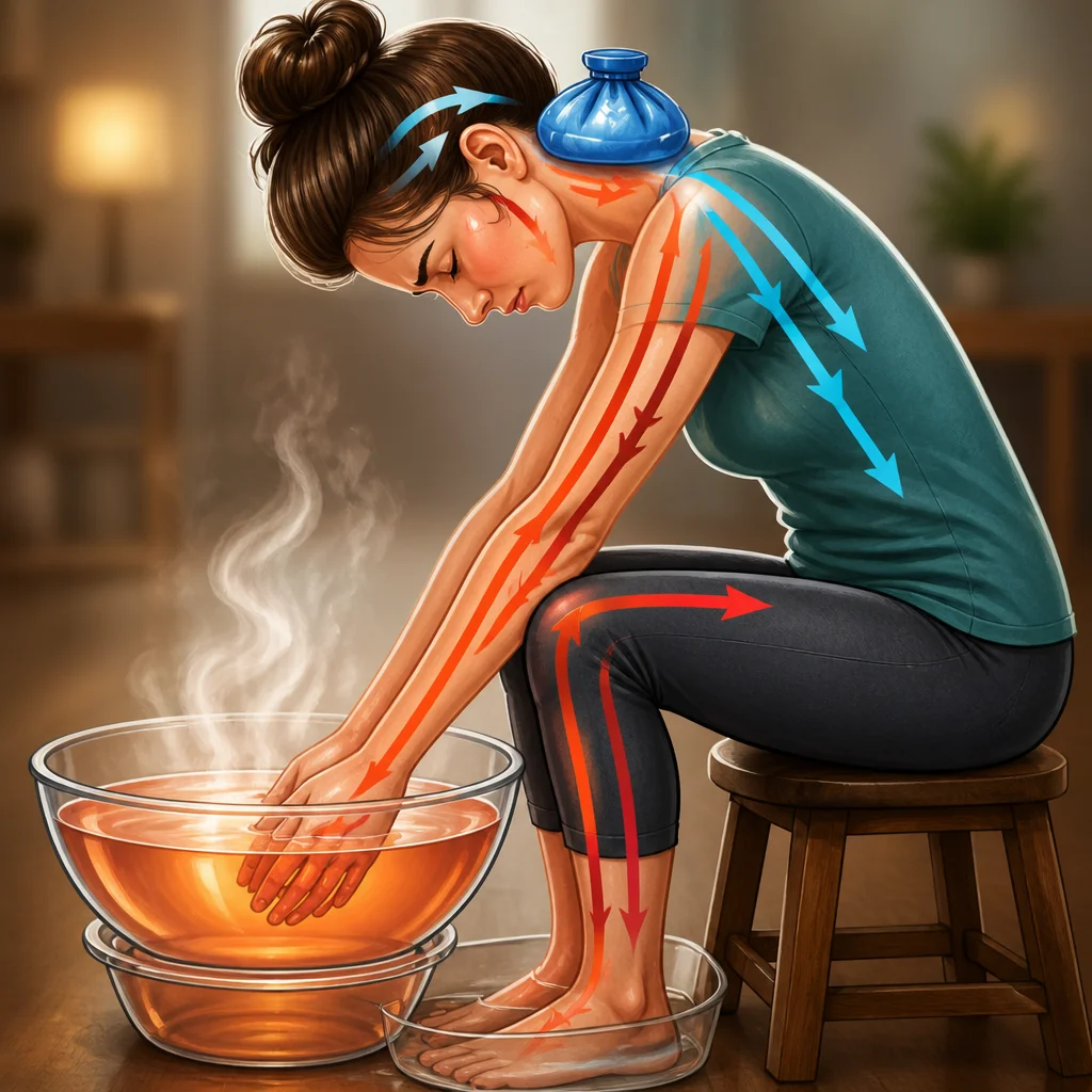 Feet soaking in warm water for migraine relief and tension reduction.
