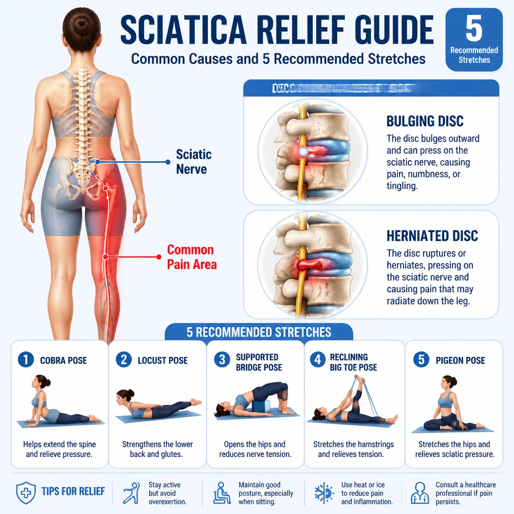 Image depicting methods to relieve sciatic nerve pain with stretches and treatments.