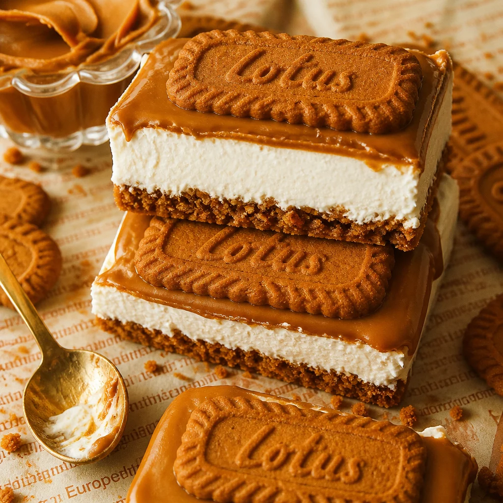 Delicious iscoff Lotus Cookie Butter Cheesecake Bars with cookie butter swirls.