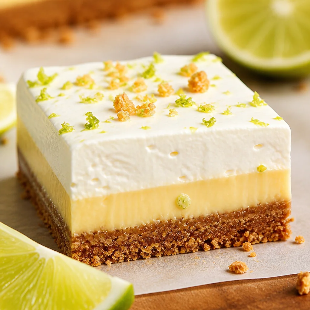 Delicious Key Lime Pie Bars with Buttery Graham Crust and whipped cream topping.