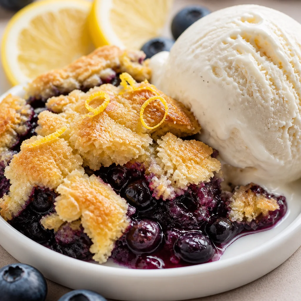Lemon Blueberry Dump Cake with Butter Crust topped with fresh blueberries