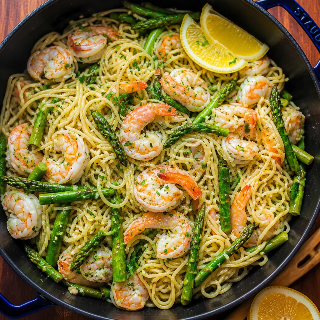 Lemon Garlic Butter Pasta with Shrimp and Asparagus dish plated with fresh herbs.
