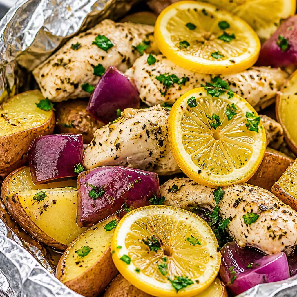 Lemon Herb Chicken and Baby Potato Foil Packets baked until juicy and flavorful.