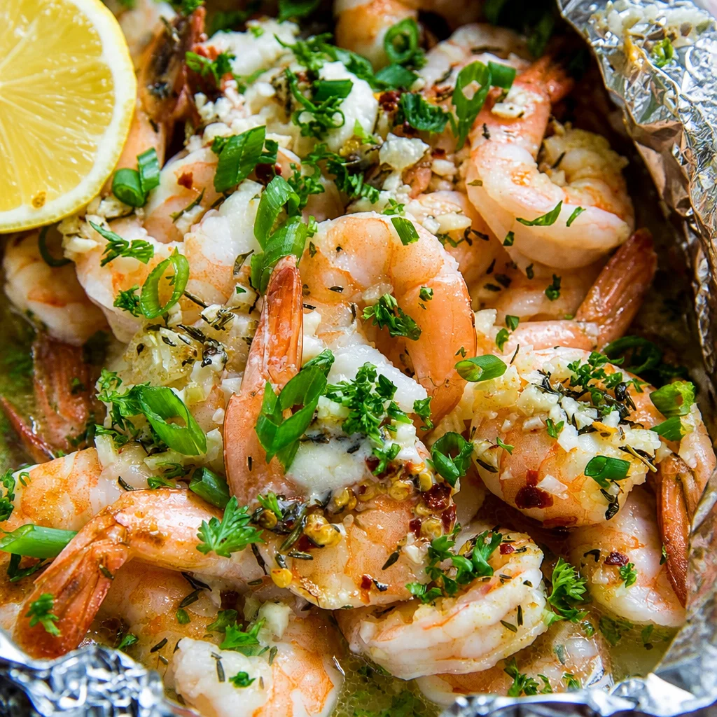 Lemon Pepper Shrimp and Corn Foil Packets with vegetables and seasoning on a grill.