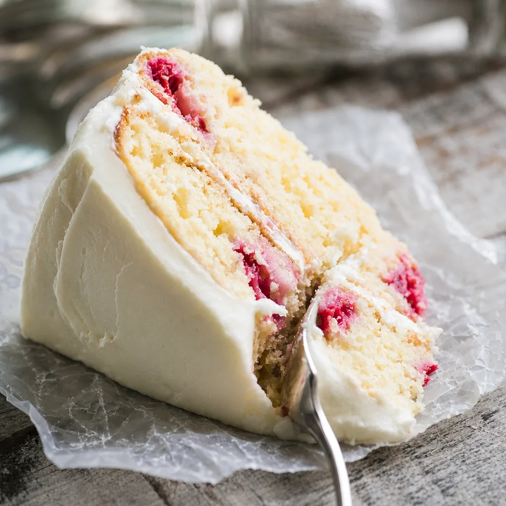 Lemon Raspberry Layer Cake with Cream Cheese Frosting and fresh raspberries.