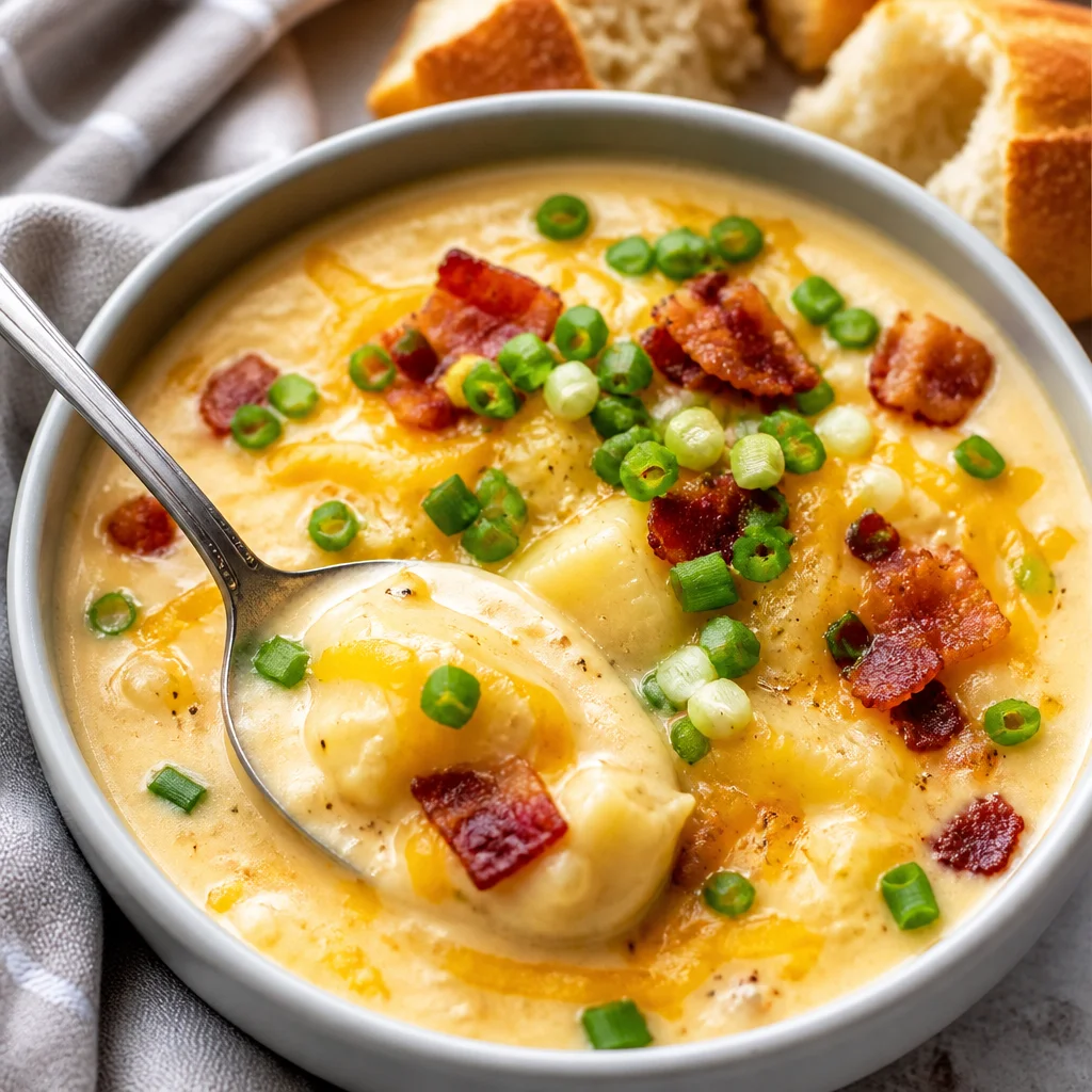 A bowl of Loaded Baked Potato Soup with Bacon and Cheddar, topped with green onions.