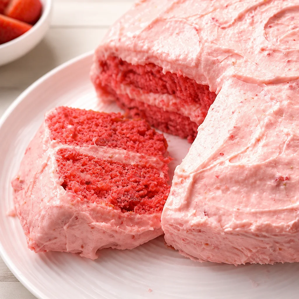 Slice of Mama Seward's Famous Strawberry Cake showcasing fresh strawberries and frosting.